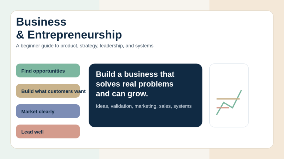 Business & Entrepreneurship Featured Image Custom featured image for the Business & Entrepreneurship guide showing startup growth, strategy, leadership, and systems