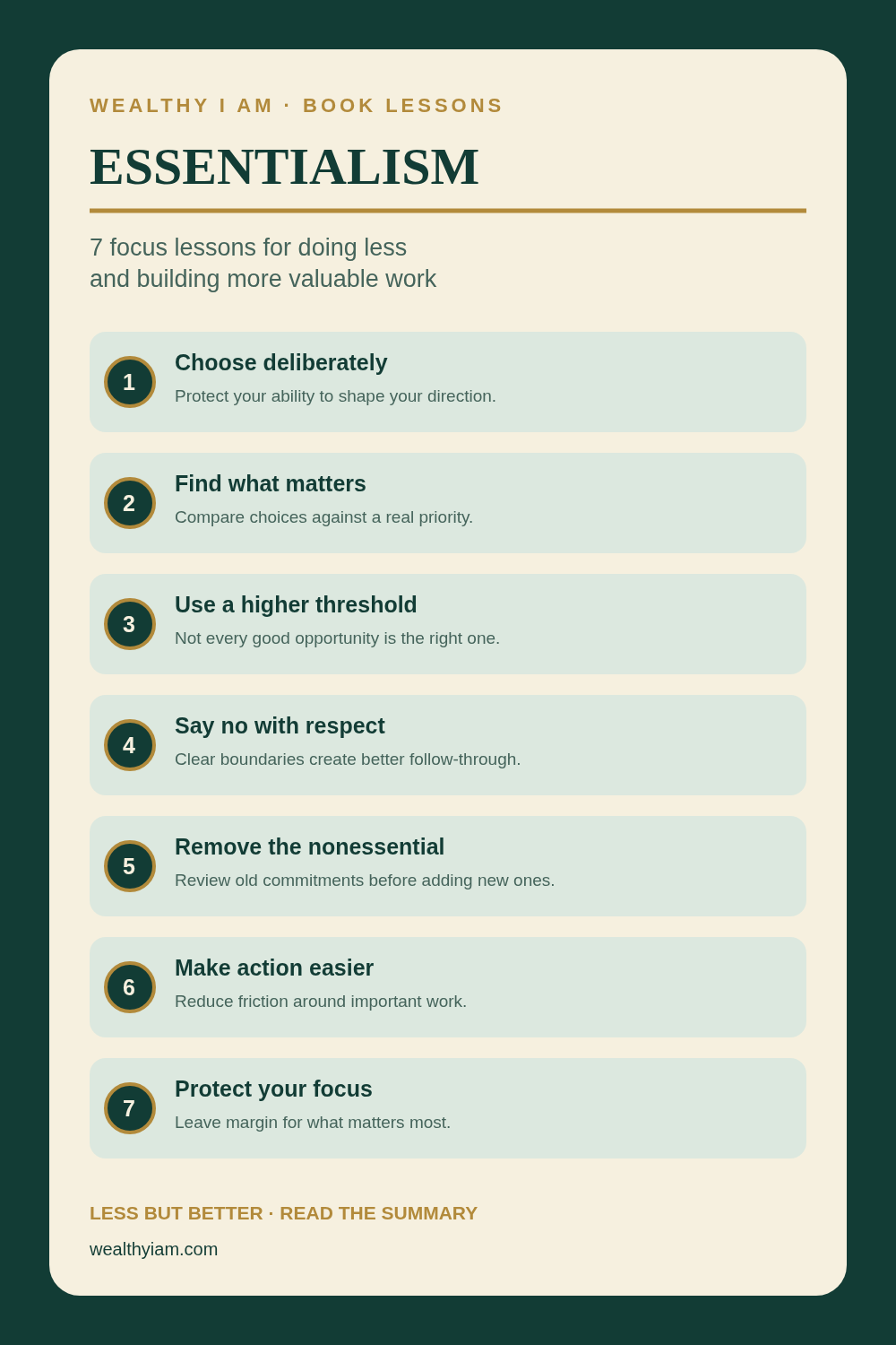 Wealthy I AM Action Card: Essentialism in 7 Steps Wealthy I AM Action Card summarizing Essentialism lessons about focus, priorities, saying no, and meaningful work