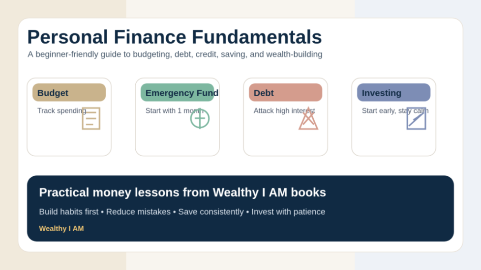 Personal Finance Fundamentals Featured Image Custom featured image for the Personal Finance Fundamentals guide showing budgeting, saving, debt reduction, credit, investing, and retirement planning