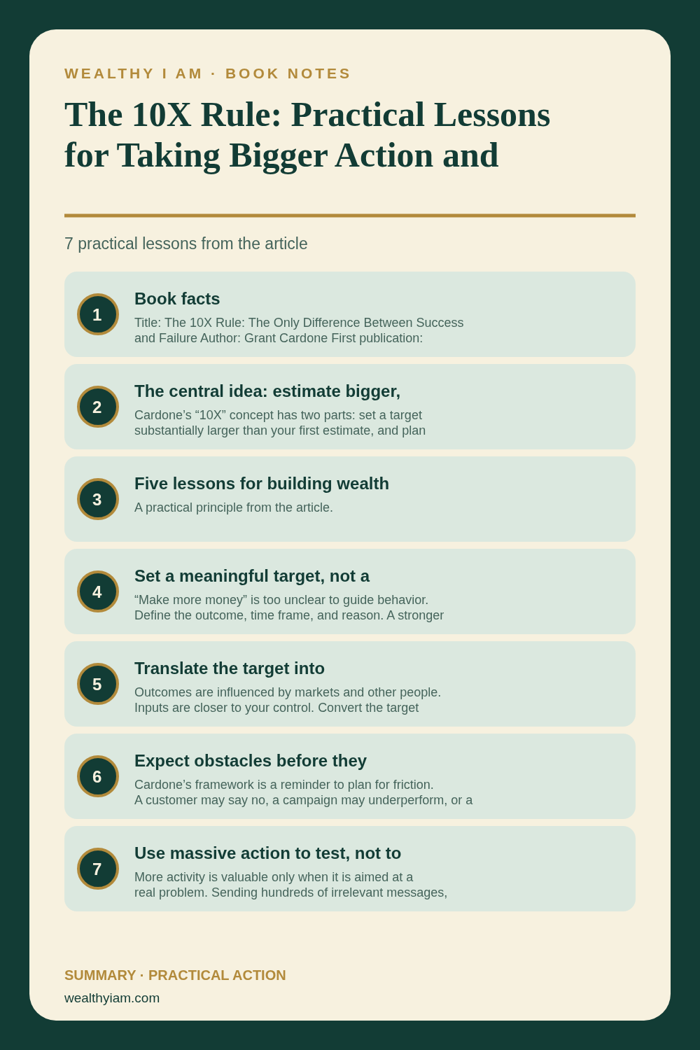 The 10X Rule: Practical Lessons for Taking Bigger Action and Building Wealth — Practical Lessons Pin Pinterest infographic summarizing The 10X Rule: Practical Lessons for Taking Bigger Action and Building Wealth with seven practical lessons