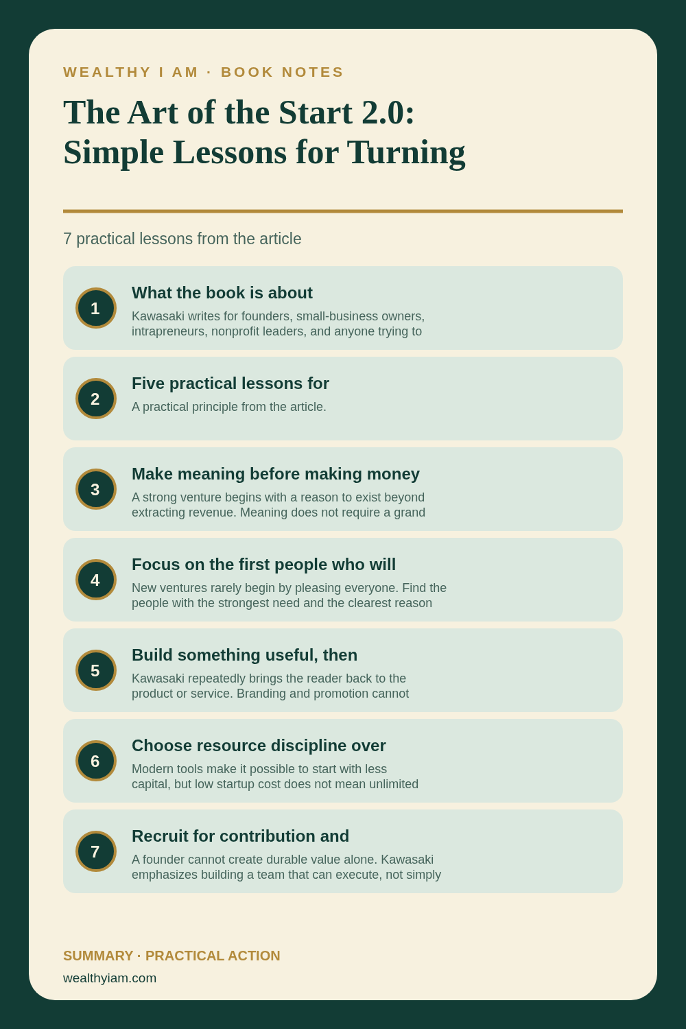 Pinterest infographic summarizing The Art of the Start 2.0: Simple Lessons for Turning Ideas into Wealth with seven practical lessons