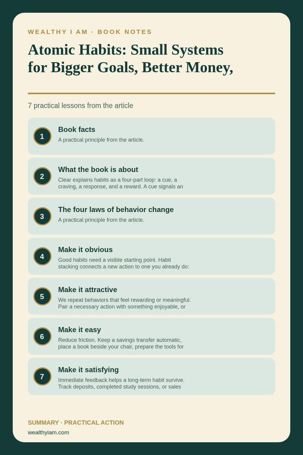 Atomic Habits: Small Systems for Bigger Goals, Better Money, and Wealth — Practical Lessons Pin Pinterest infographic summarizing Atomic Habits: Small Systems for Bigger Goals, Better Money, and Wealth with seven practical lessons