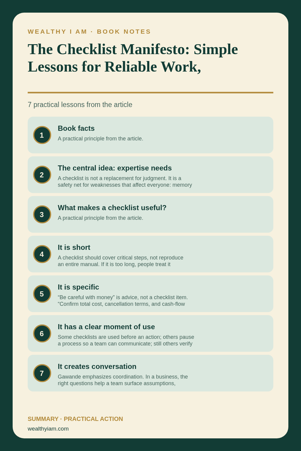 Pinterest infographic summarizing The Checklist Manifesto: Simple Lessons for Reliable Work, Better Decisions, and Wealth with seven practical lessons