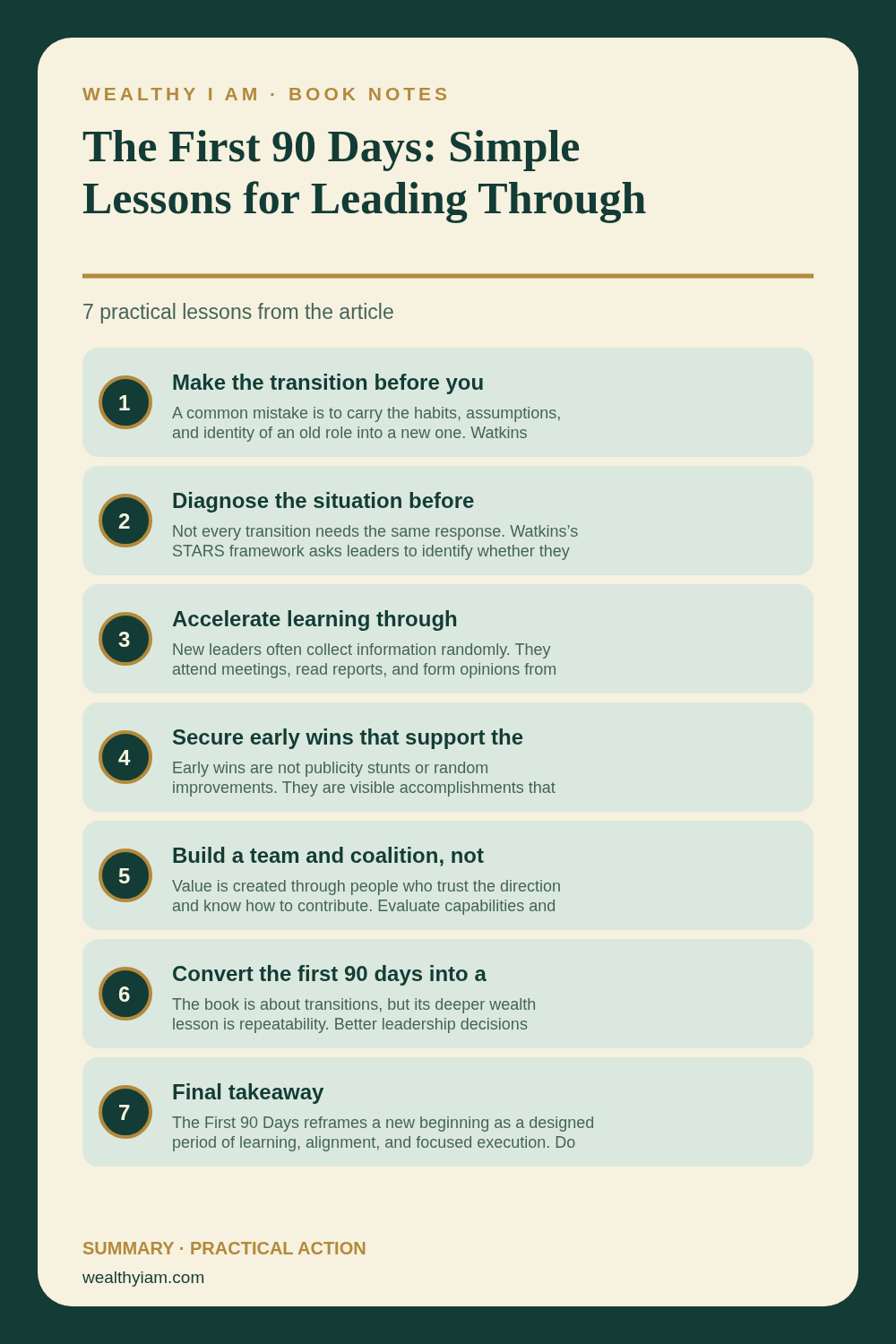 The First 90 Days: Simple Lessons for Leading Through Transition and Building Value — Practical Lessons Pin Pinterest infographic summarizing The First 90 Days: Simple Lessons for Leading Through Transition and Building Value with seven practical lessons