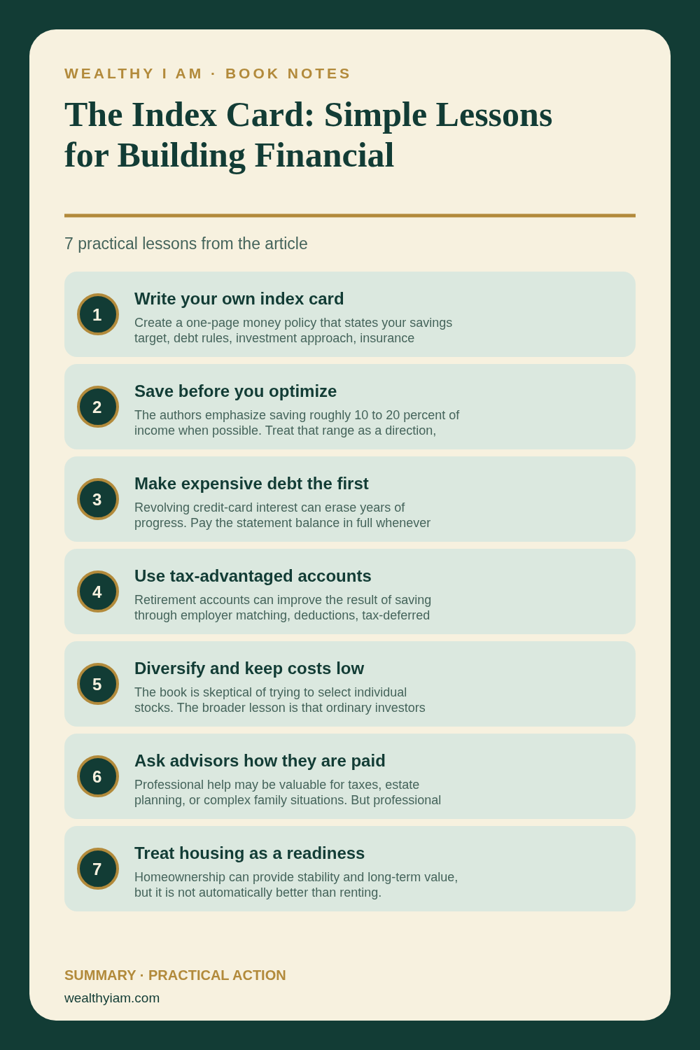 Pinterest infographic summarizing The Index Card: Simple Lessons for Building Financial Confidence and Wealth with seven practical lessons