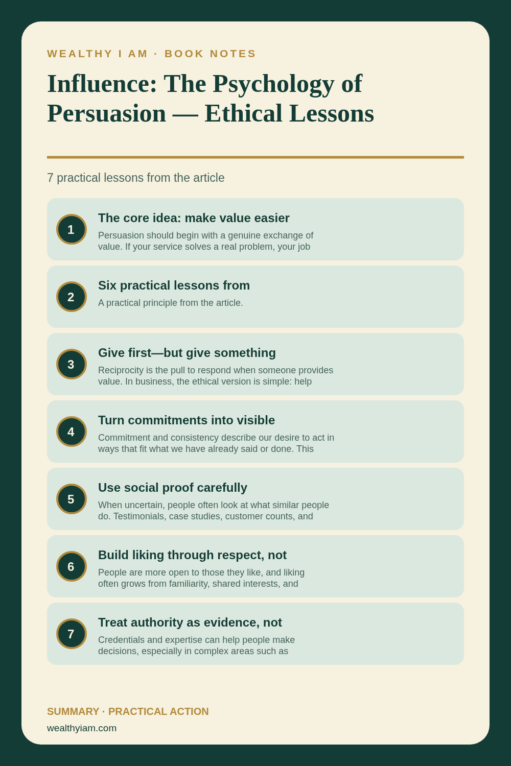 Influence: The Psychology of Persuasion — Ethical Lessons for Building Trust and Wealth — Practical Lessons Pin Pinterest infographic summarizing Influence: The Psychology of Persuasion — Ethical Lessons for Building Trust and Wealth with seven practical lessons