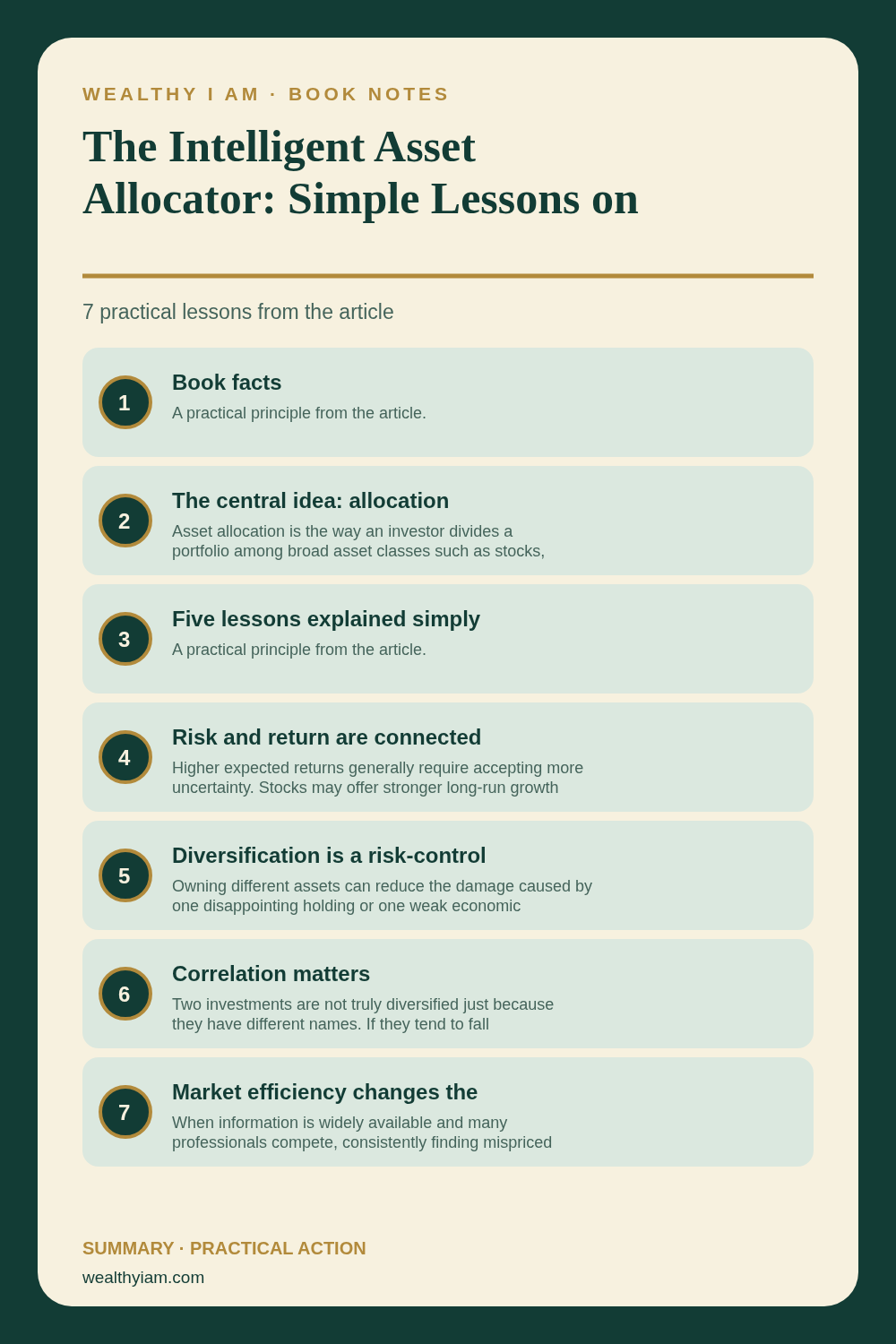 Pinterest infographic summarizing The Intelligent Asset Allocator: Simple Lessons on Diversification and Portfolio Risk with seven practical lessons