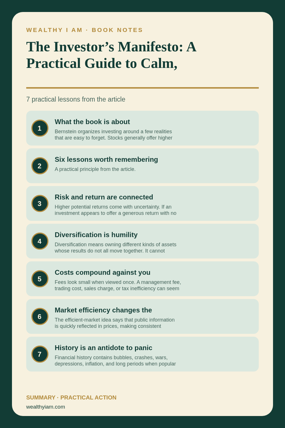 The Investor’s Manifesto: A Practical Guide to Calm, Long-Term Investing — Practical Lessons Pin Pinterest infographic summarizing The Investor’s Manifesto: A Practical Guide to Calm, Long-Term Investing with seven practical lessons