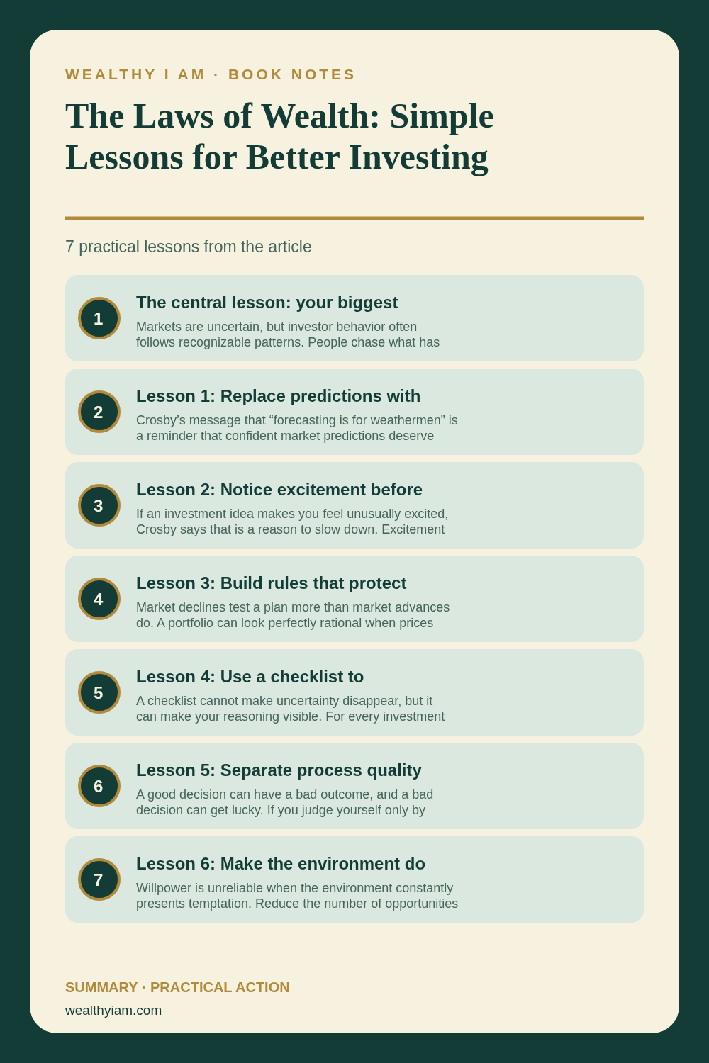 The Laws of Wealth: Simple Lessons for Better Investing Behavior — Practical Lessons Pin Pinterest infographic summarizing The Laws of Wealth: Simple Lessons for Better Investing Behavior with seven practical lessons