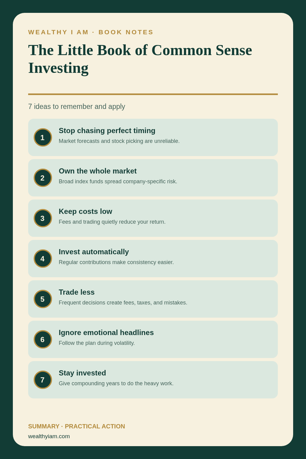 The Little Book of Common Sense Investing — Practical Lessons Pin Pinterest infographic summarizing The Little Book of Common Sense Investing: seven practical lessons and action steps