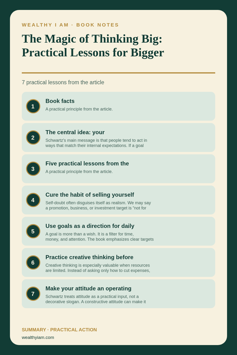 Pinterest infographic summarizing The Magic of Thinking Big: Practical Lessons for Bigger Goals and Wealth with seven practical lessons