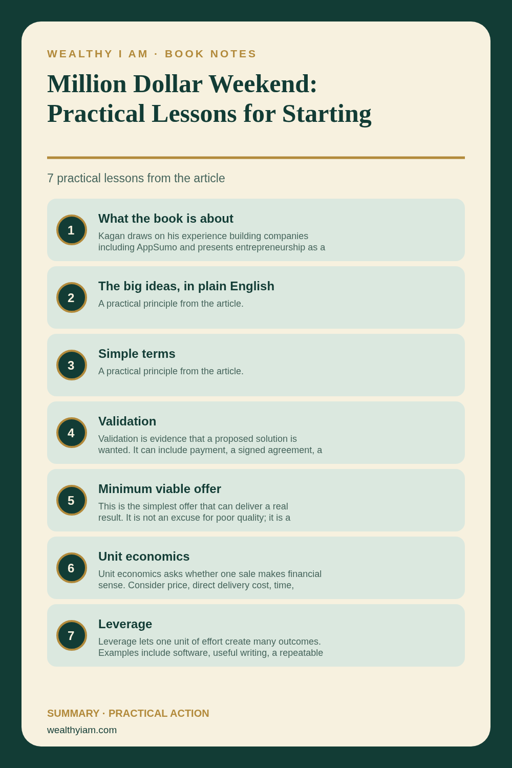 Million Dollar Weekend: Practical Lessons for Starting a Business — Practical Lessons Pin Pinterest infographic summarizing Million Dollar Weekend: Practical Lessons for Starting a Business with seven practical lessons