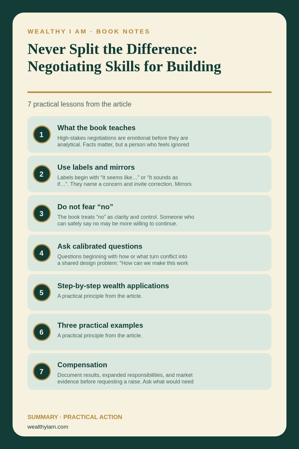 Never Split the Difference: Negotiating Skills for Building Wealth and Better Relationships — Practical Lessons Pin Pinterest infographic summarizing Never Split the Difference: Negotiating Skills for Building Wealth and Better Relationships with seven practical lessons