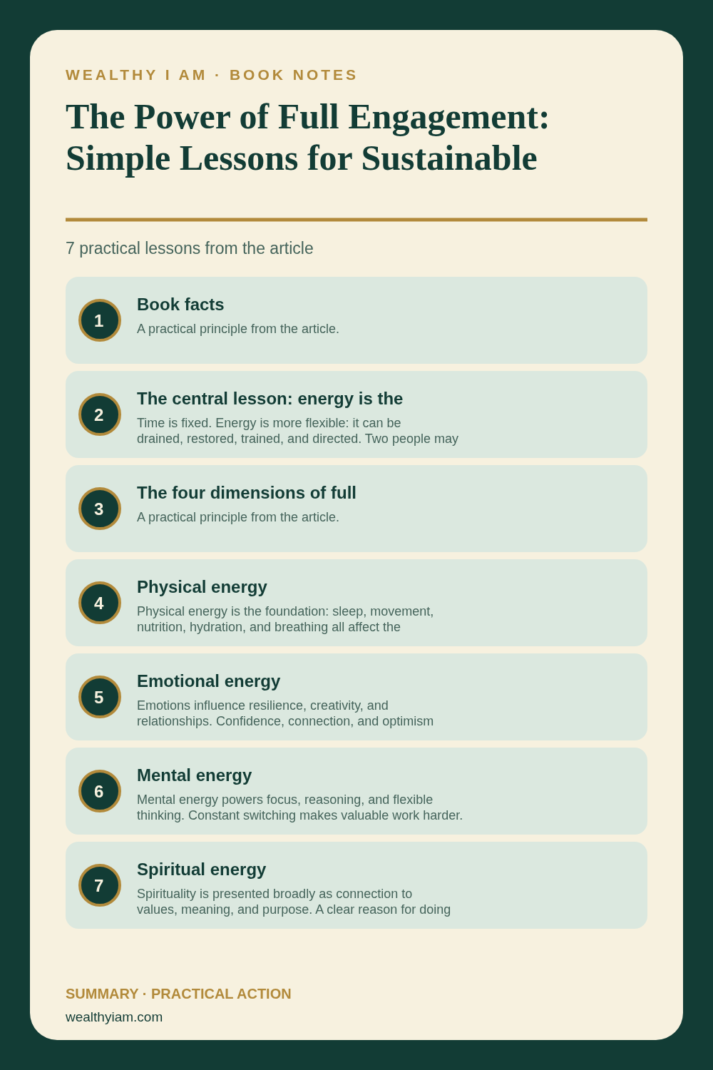 The Power of Full Engagement: Simple Lessons for Sustainable Performance and Wealth — Practical Lessons Pin Pinterest infographic summarizing The Power of Full Engagement: Simple Lessons for Sustainable Performance and Wealth with seven practical lessons