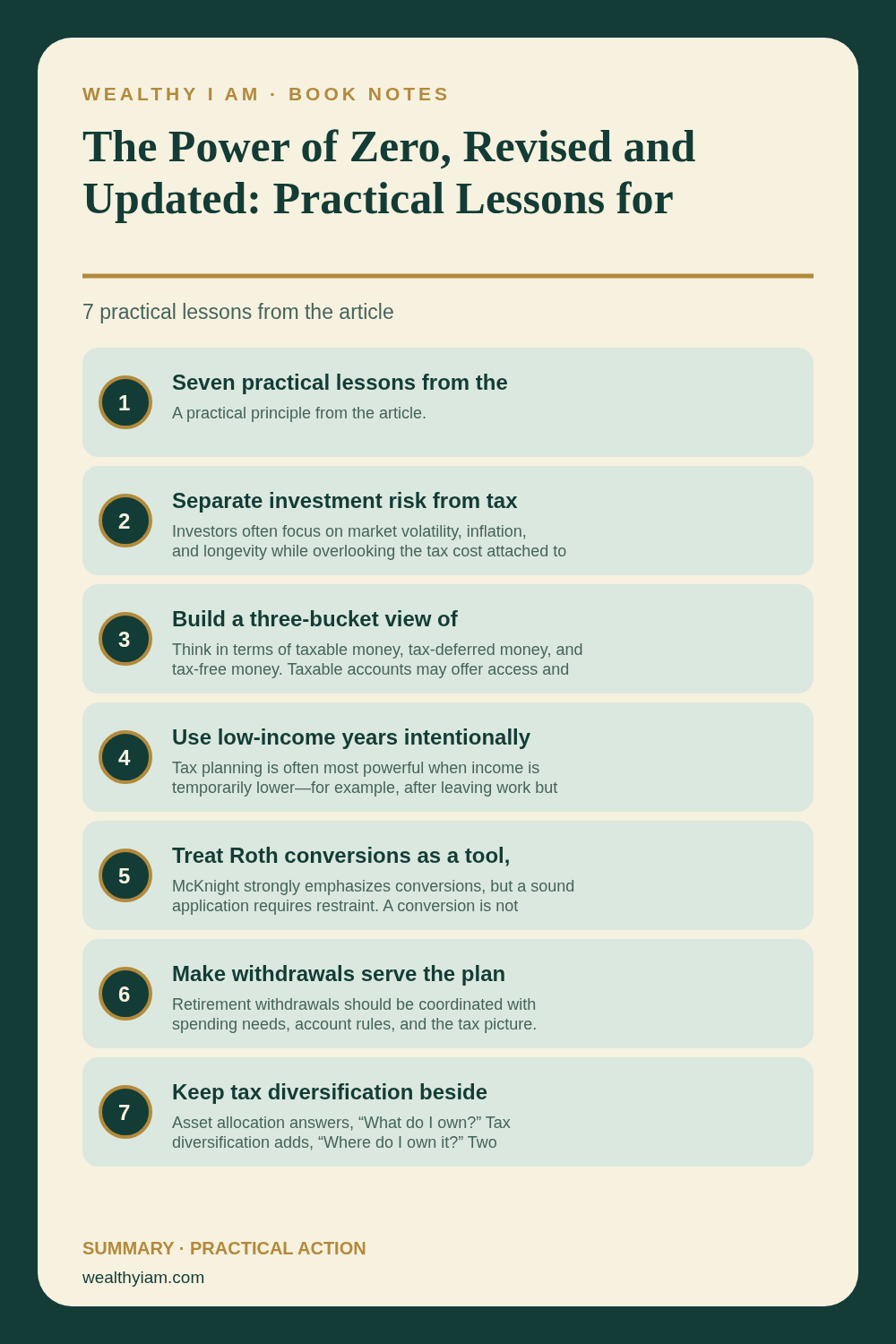 Pinterest infographic summarizing The Power of Zero, Revised and Updated: Practical Lessons for Tax-Smart Retirement Wealth with seven practical lessons