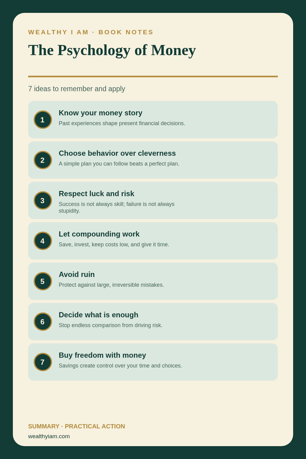 The Psychology of Money — Practical Lessons Pin Pinterest infographic summarizing The Psychology of Money: seven practical lessons and action steps