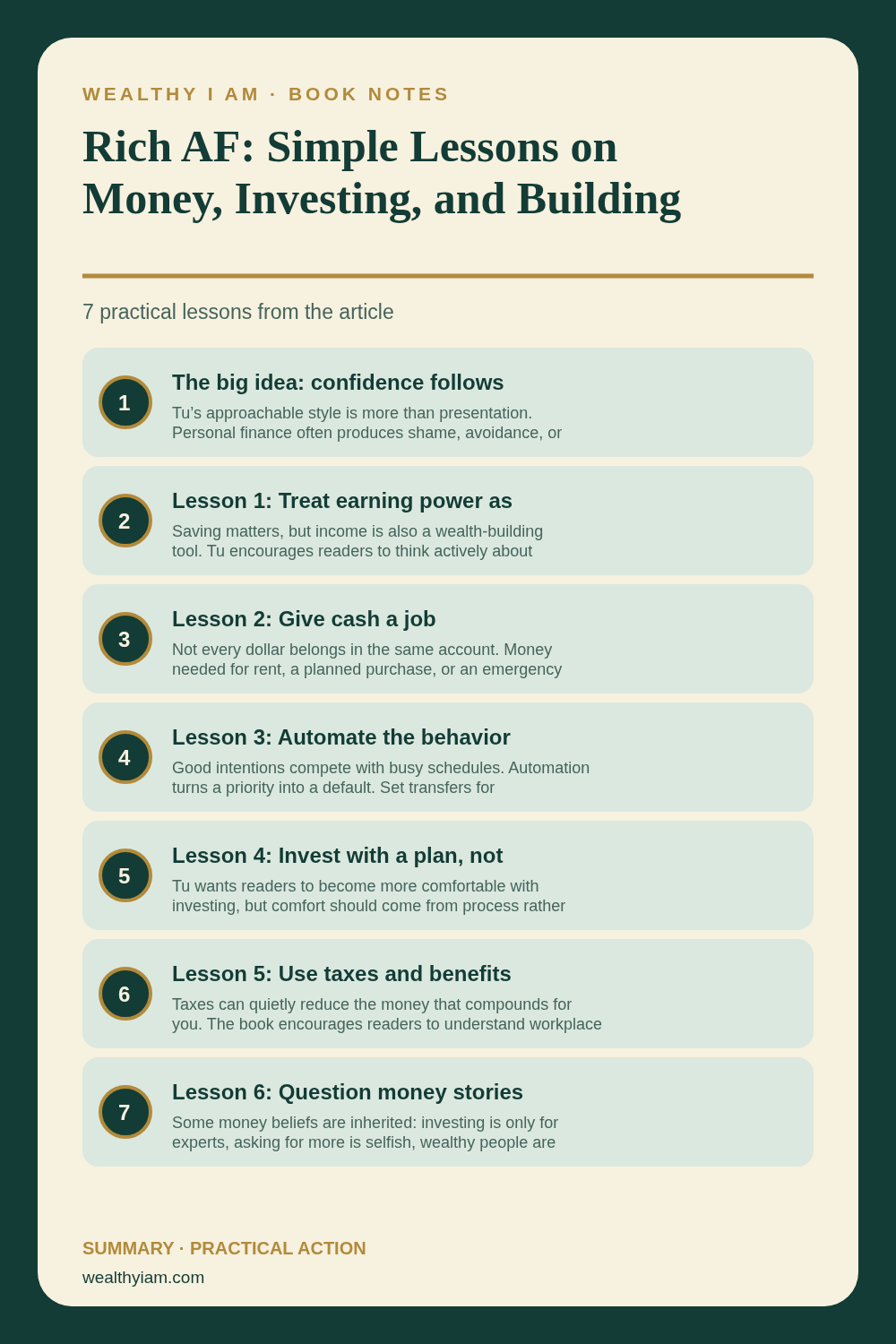 Rich AF: Simple Lessons on Money, Investing, and Building Wealth — Practical Lessons Pin Pinterest infographic summarizing Rich AF: Simple Lessons on Money, Investing, and Building Wealth with seven practical lessons