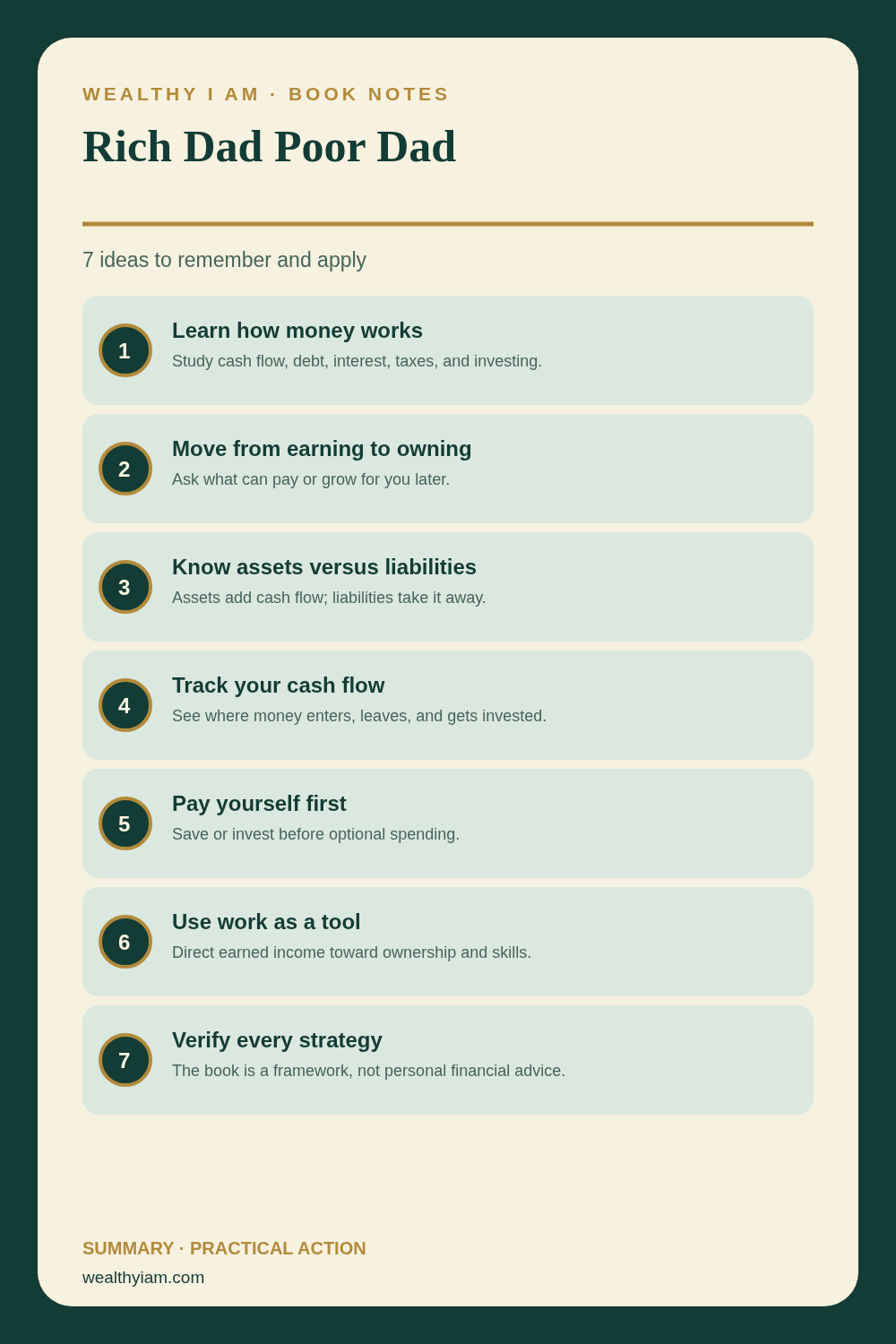 Pinterest infographic summarizing Rich Dad Poor Dad: seven practical lessons and action steps