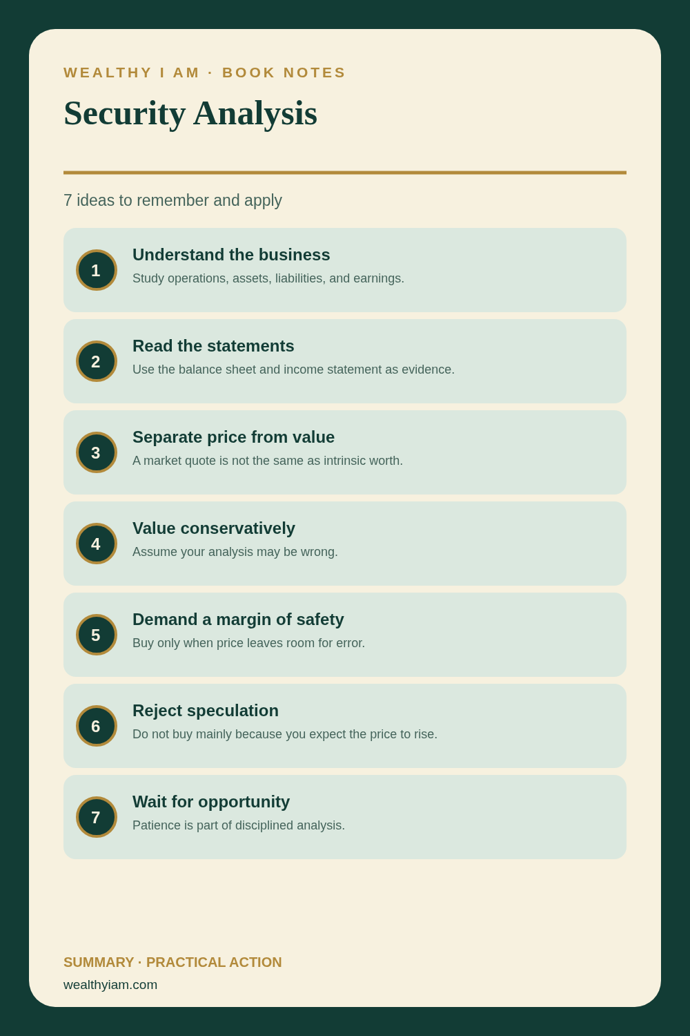 Security Analysis — Practical Lessons Pin Pinterest infographic summarizing Security Analysis: seven practical lessons and action steps
