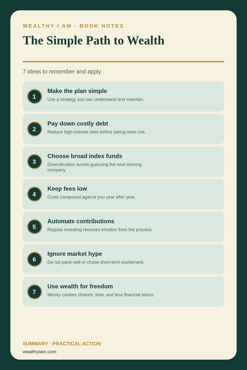 The Simple Path to Wealth — Practical Lessons Pin Pinterest infographic summarizing The Simple Path to Wealth: seven practical lessons and action steps