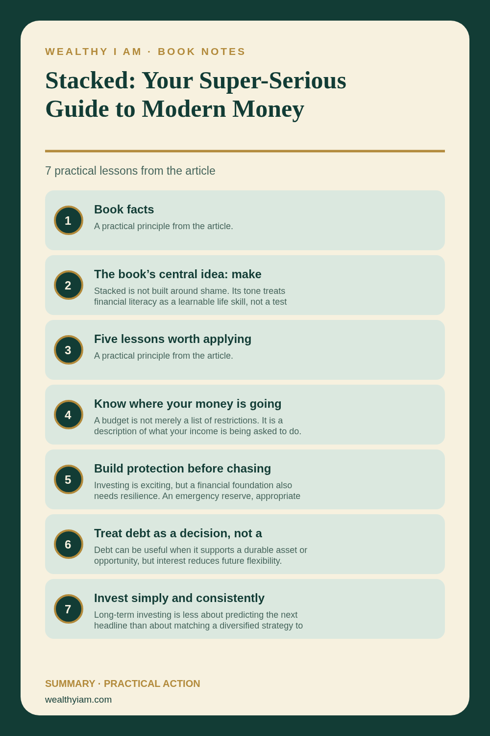 Stacked: Your Super-Serious Guide to Modern Money Management — Practical Lessons Pin Pinterest infographic summarizing Stacked: Your Super-Serious Guide to Modern Money Management with seven practical lessons