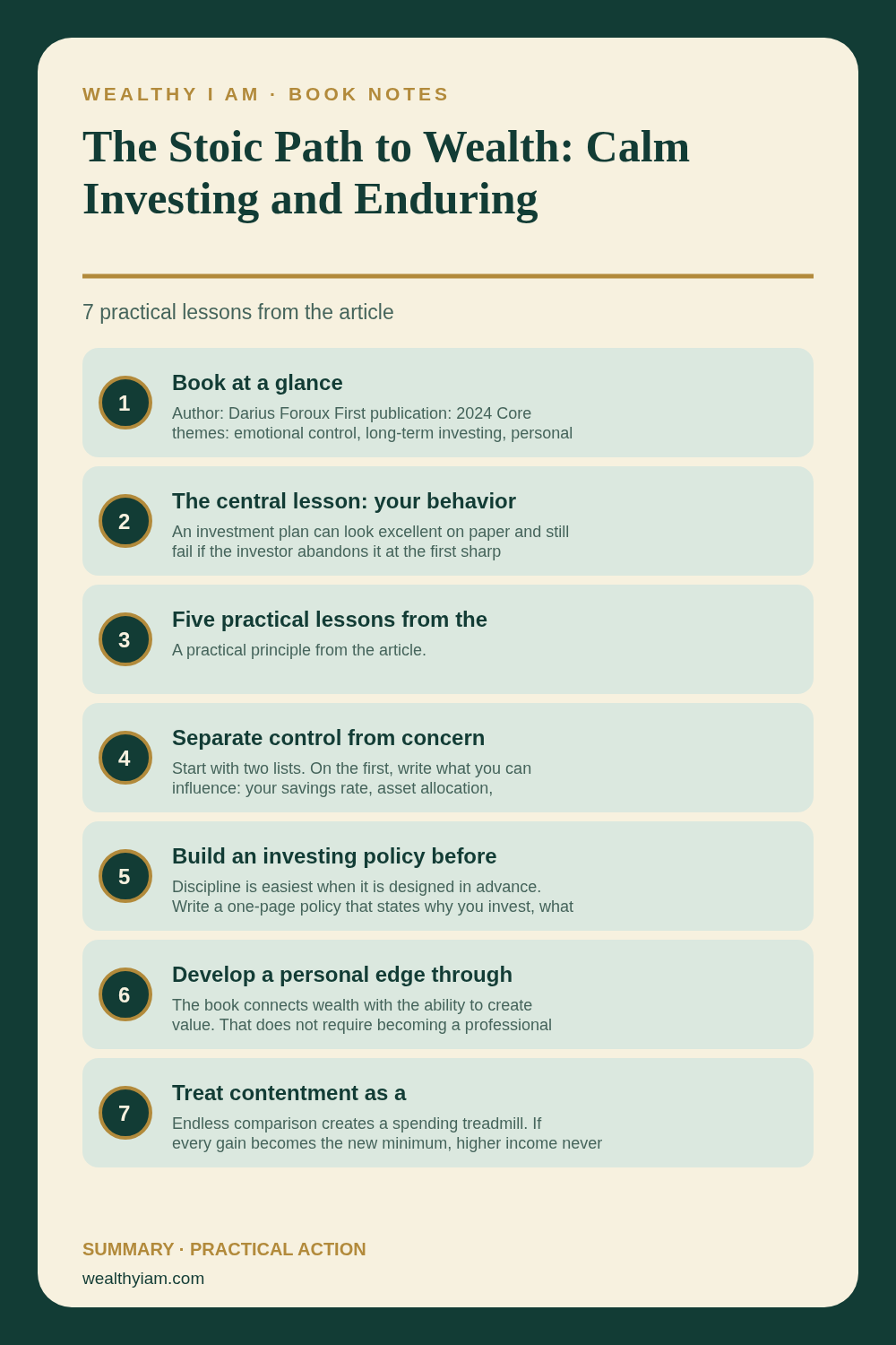 The Stoic Path to Wealth: Calm Investing and Enduring Prosperity — Practical Lessons Pin Pinterest infographic summarizing The Stoic Path to Wealth: Calm Investing and Enduring Prosperity with seven practical lessons