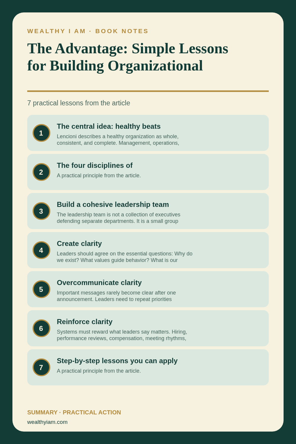 The Advantage: Simple Lessons for Building Organizational Health and Wealth — Practical Lessons Pin Pinterest infographic summarizing The Advantage: Simple Lessons for Building Organizational Health and Wealth with seven practical lessons