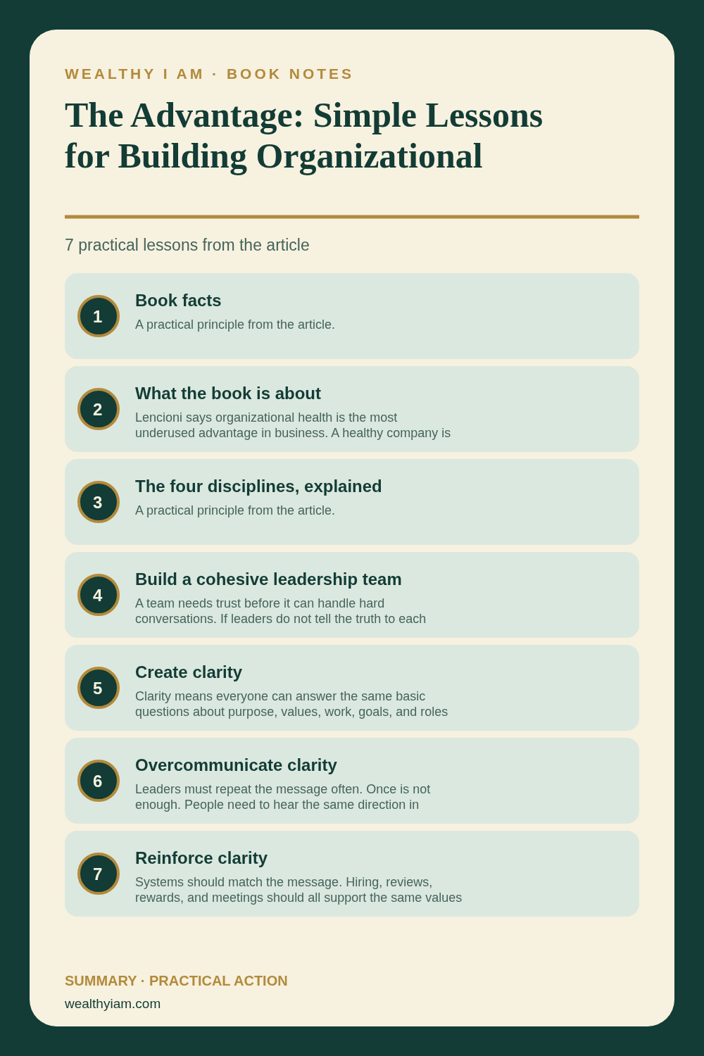 The Advantage: Simple Lessons for Building Organizational Health and Better Business Results — Practical Lessons Pin Pinterest infographic summarizing The Advantage: Simple Lessons for Building Organizational Health and Better Business Results with seven practical lessons