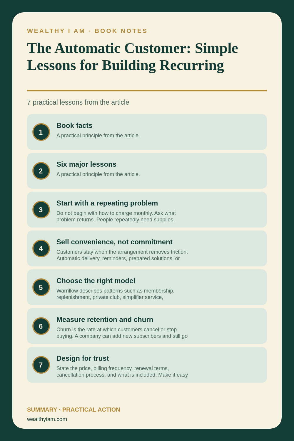 The Automatic Customer: Simple Lessons for Building Recurring Revenue — Practical Lessons Pin Pinterest infographic summarizing The Automatic Customer: Simple Lessons for Building Recurring Revenue with seven practical lessons