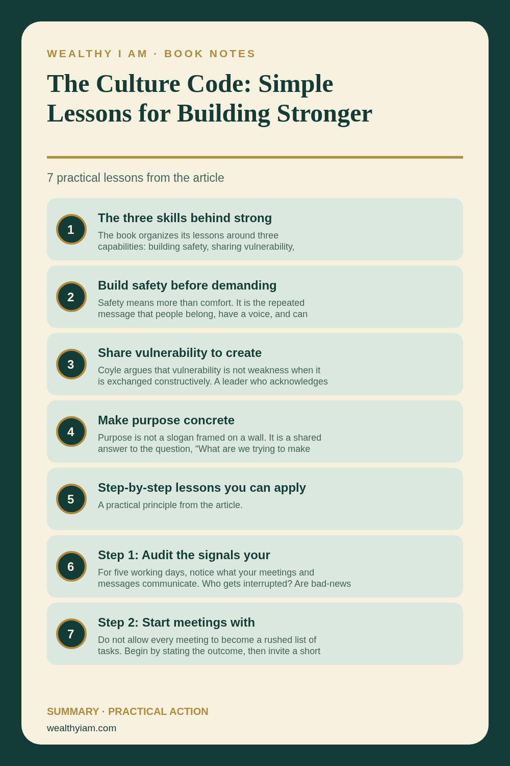 The Culture Code: Simple Lessons for Building Stronger Teams and Wealth — Practical Lessons Pin Pinterest infographic summarizing The Culture Code: Simple Lessons for Building Stronger Teams and Wealth with seven practical lessons