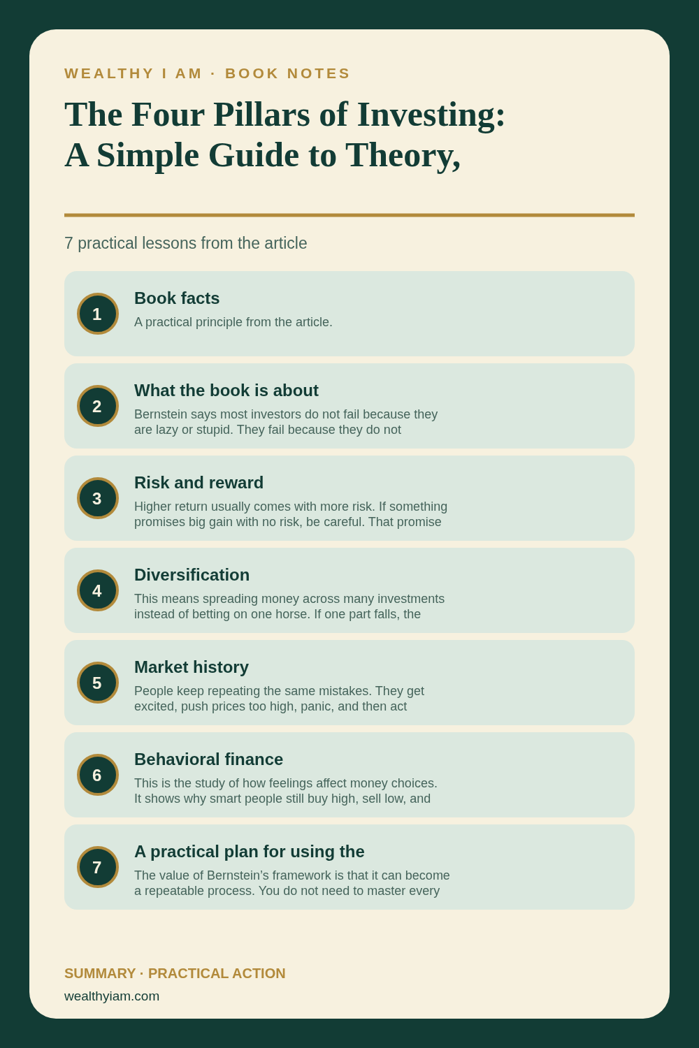 Pinterest infographic summarizing The Four Pillars of Investing: A Simple Guide to Theory, History, Psychology, and the Business of Money with seven practical lessons