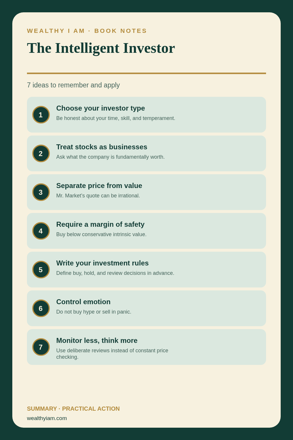 The Intelligent Investor — Practical Lessons Pin Pinterest infographic summarizing The Intelligent Investor: seven practical lessons and action steps