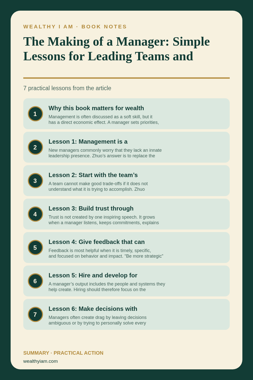 The Making of a Manager: Simple Lessons for Leading Teams and Building Value — Practical Lessons Pin Pinterest infographic summarizing The Making of a Manager: Simple Lessons for Leading Teams and Building Value with seven practical lessons