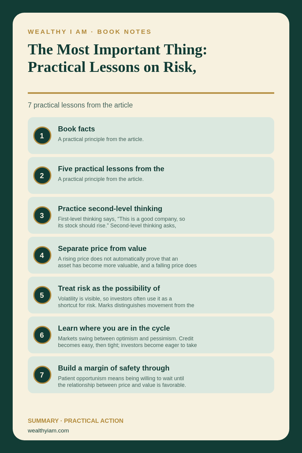 The Most Important Thing: Practical Lessons on Risk, Value, and Long-Term Wealth — Practical Lessons Pin Pinterest infographic summarizing The Most Important Thing: Practical Lessons on Risk, Value, and Long-Term Wealth with seven practical lessons