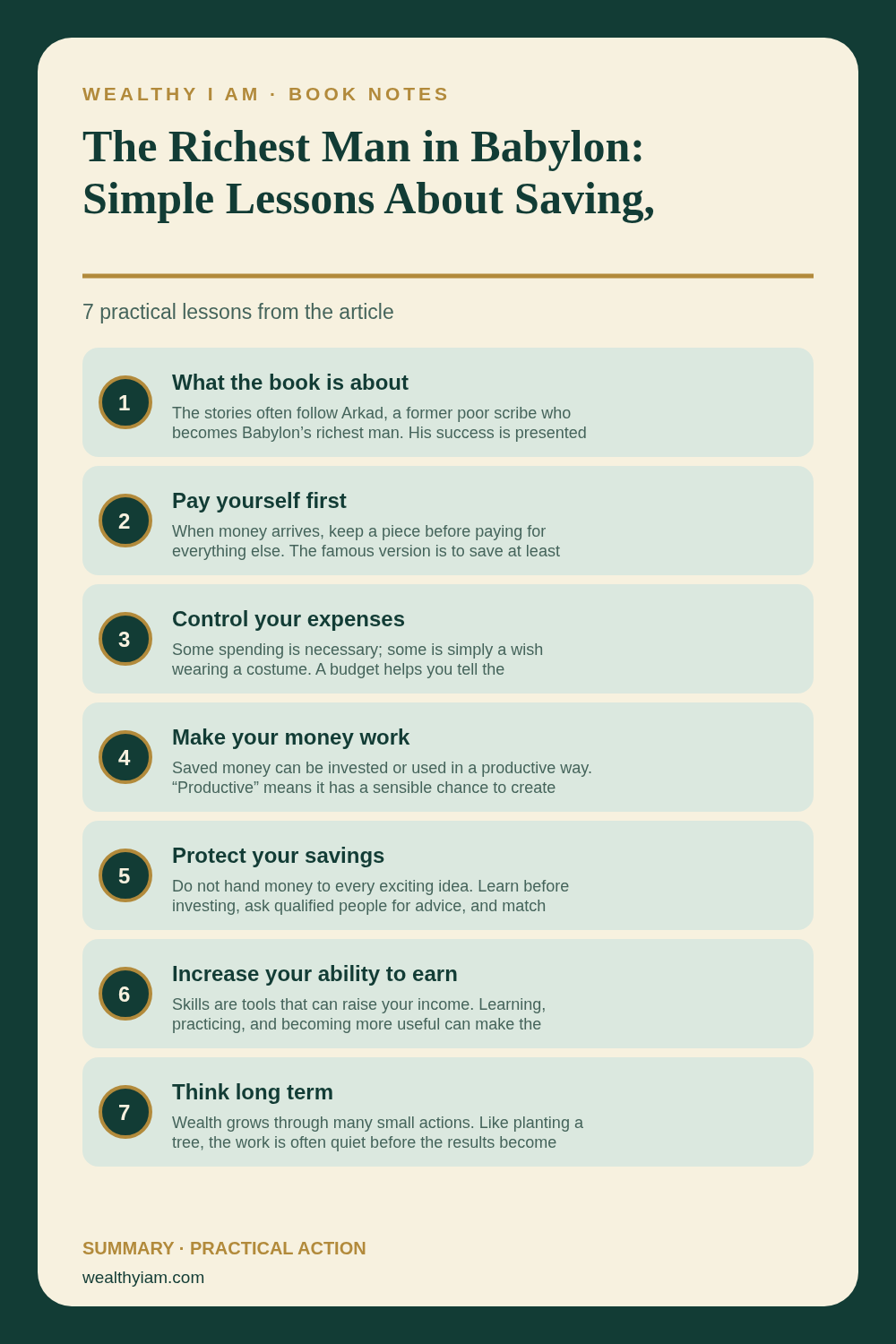 Pinterest infographic summarizing The Richest Man in Babylon: Simple Lessons About Saving, Spending, and Building Wealth with seven practical lessons
