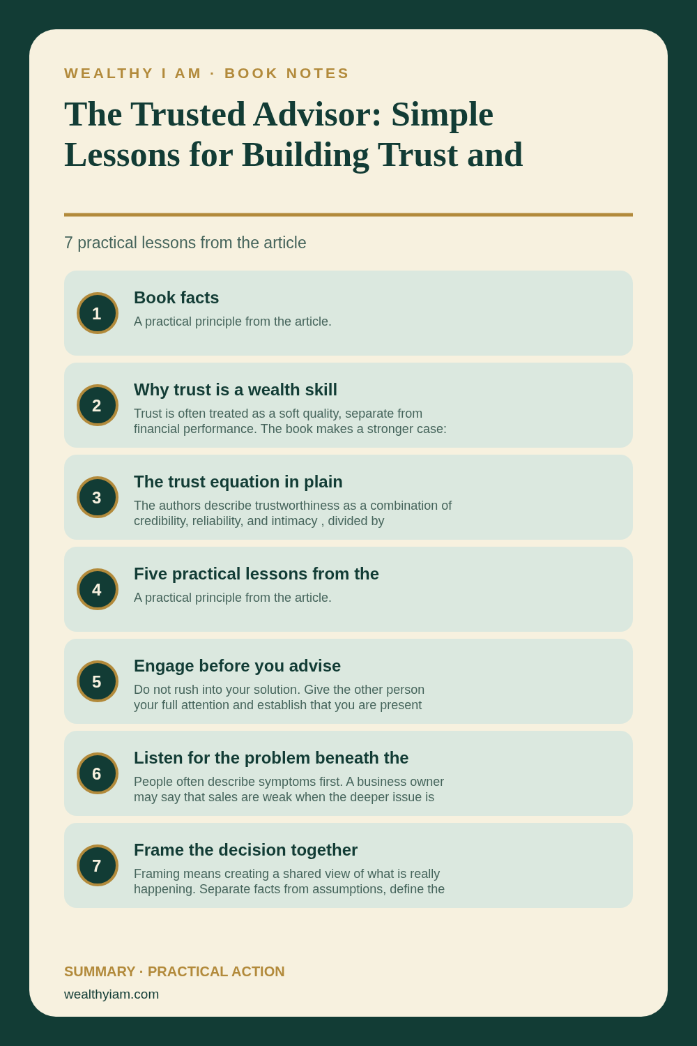 The Trusted Advisor: Simple Lessons for Building Trust and Business Value — Practical Lessons Pin Pinterest infographic summarizing The Trusted Advisor: Simple Lessons for Building Trust and Business Value with seven practical lessons