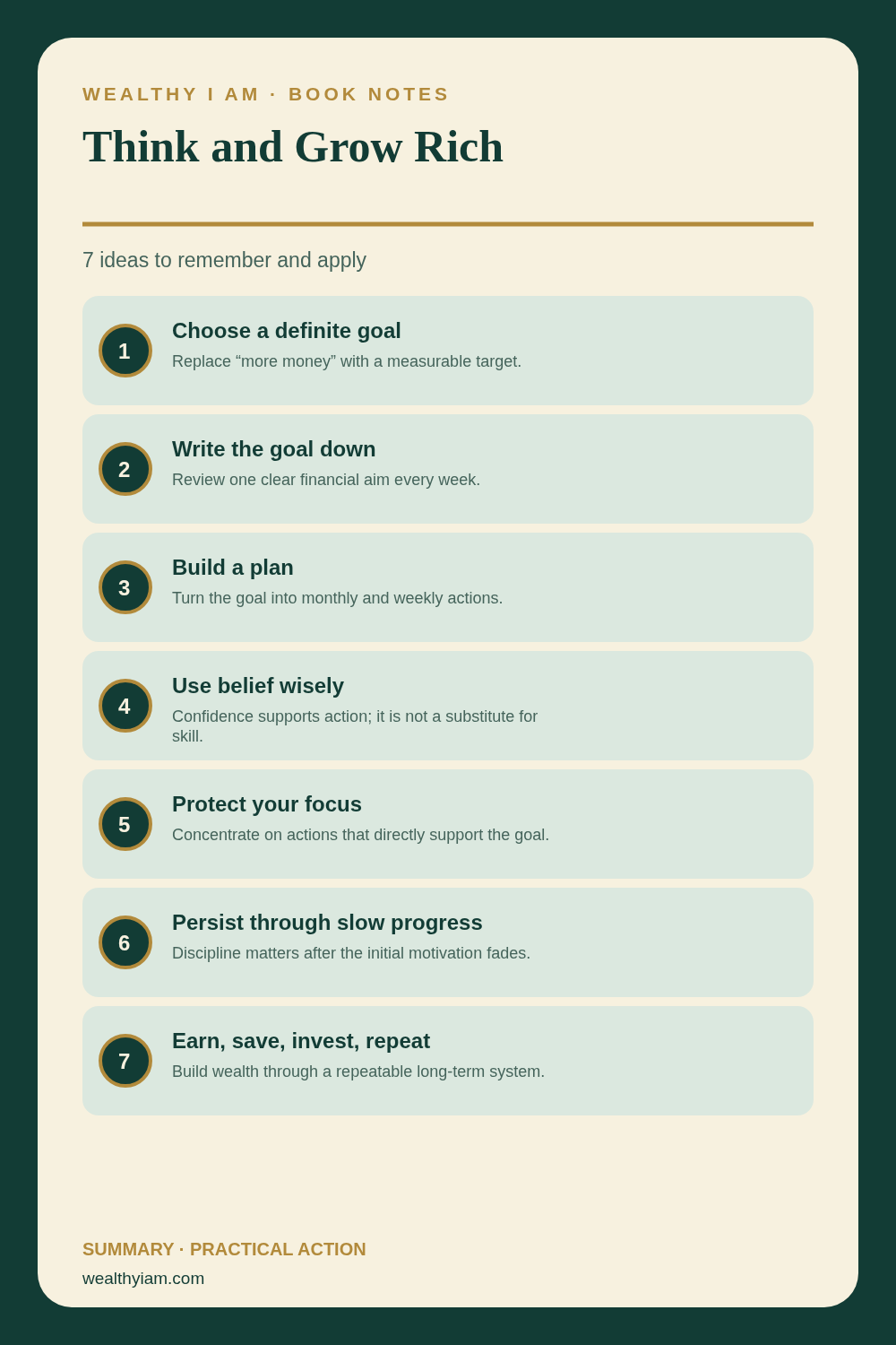 Think and Grow Rich — Practical Lessons Pin Pinterest infographic summarizing Think and Grow Rich: seven practical lessons and action steps