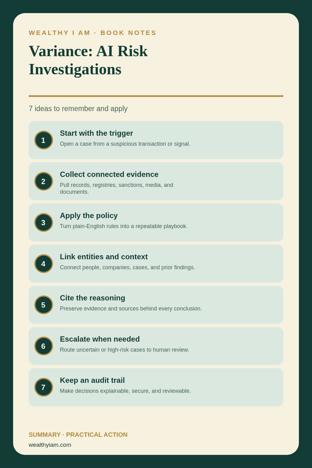 Variance: AI Risk Investigations — Practical Lessons Pin Pinterest infographic summarizing Variance: AI Risk Investigations: seven practical lessons and action steps