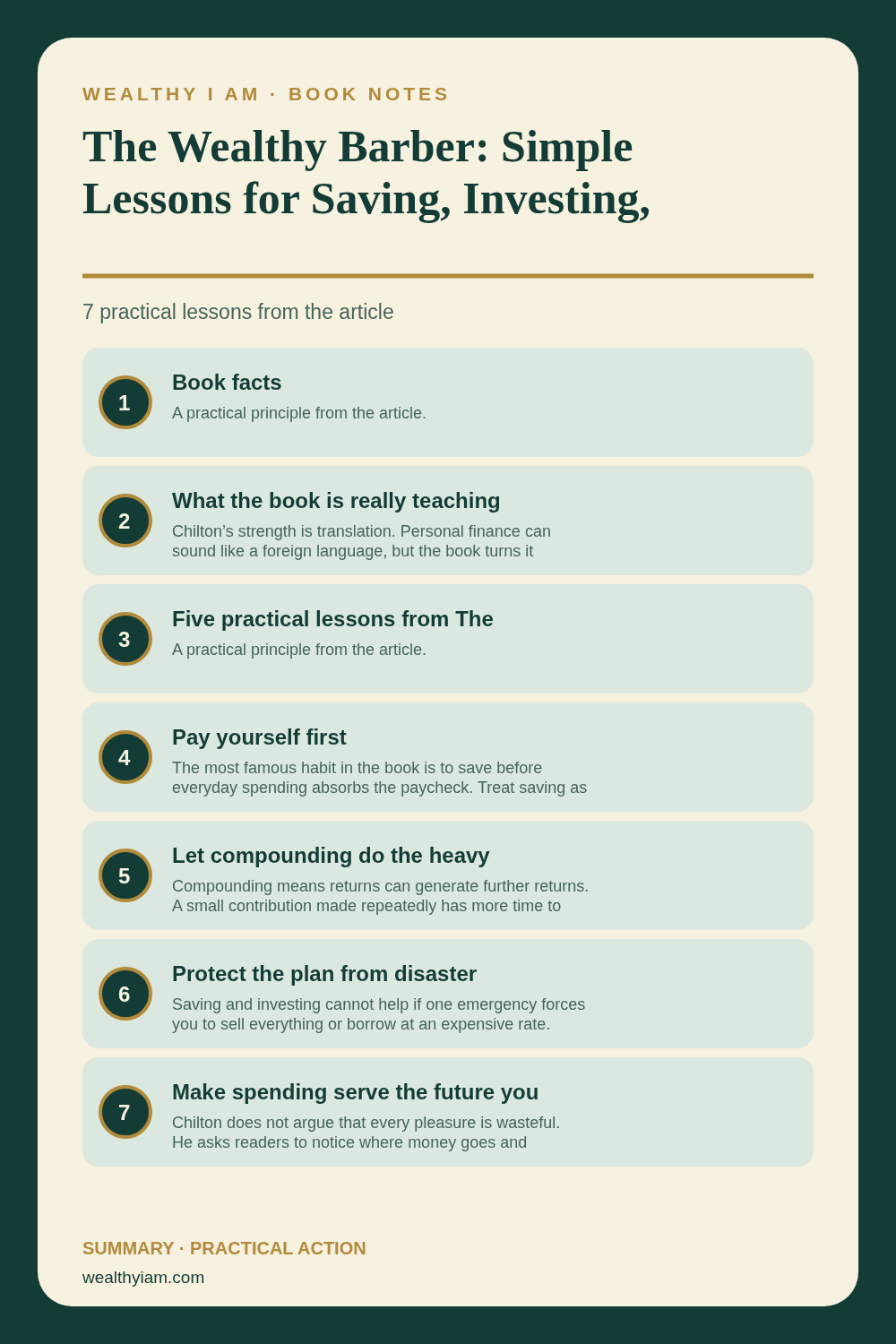 The Wealthy Barber: Simple Lessons for Saving, Investing, and Financial Independence — Practical Lessons Pin Pinterest infographic summarizing The Wealthy Barber: Simple Lessons for Saving, Investing, and Financial Independence with seven practical lessons