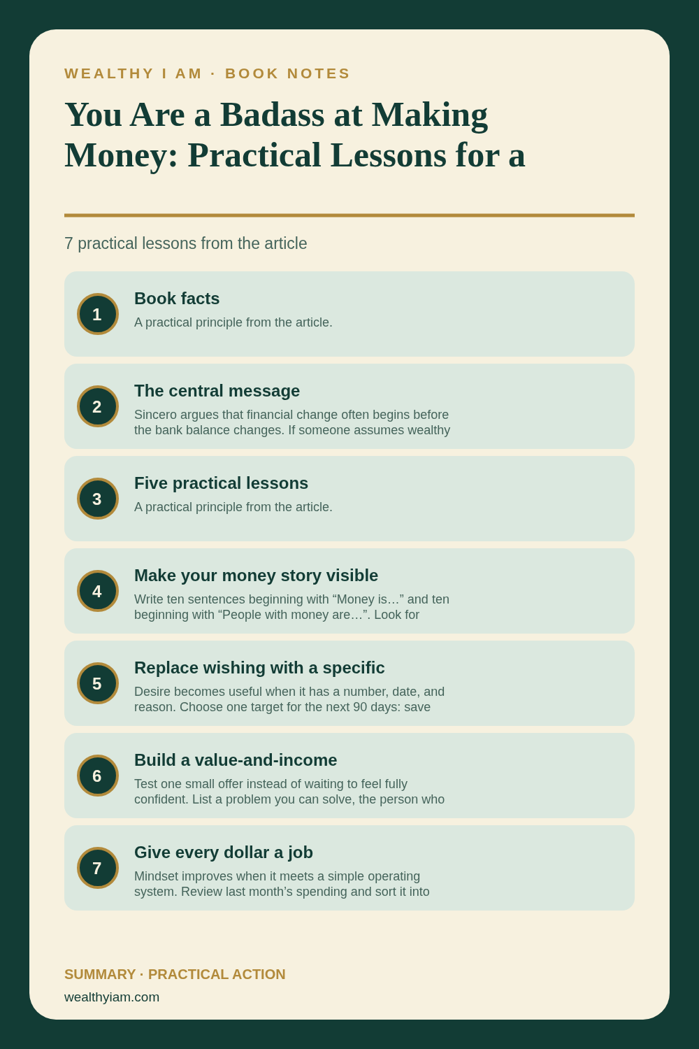 You Are a Badass at Making Money: Practical Lessons for a Wealthier Mindset — Practical Lessons Pin Pinterest infographic summarizing You Are a Badass at Making Money: Practical Lessons for a Wealthier Mindset with seven practical lessons