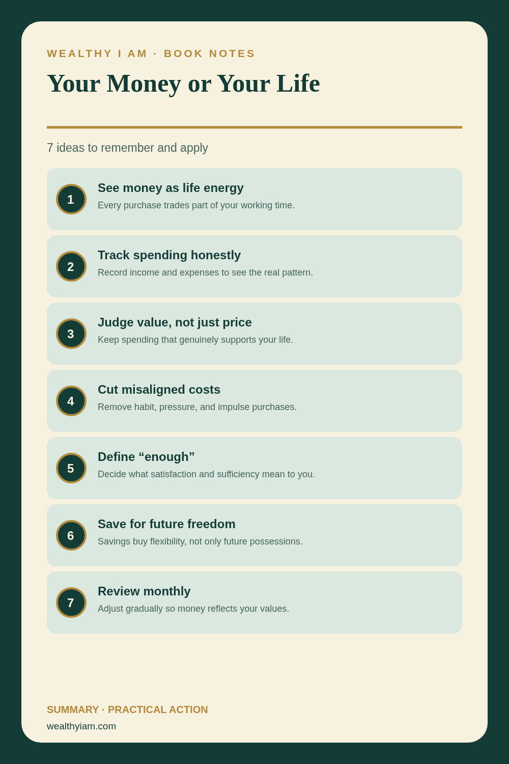Your Money or Your Life — Practical Lessons Pin Pinterest infographic summarizing Your Money or Your Life: seven practical lessons and action steps